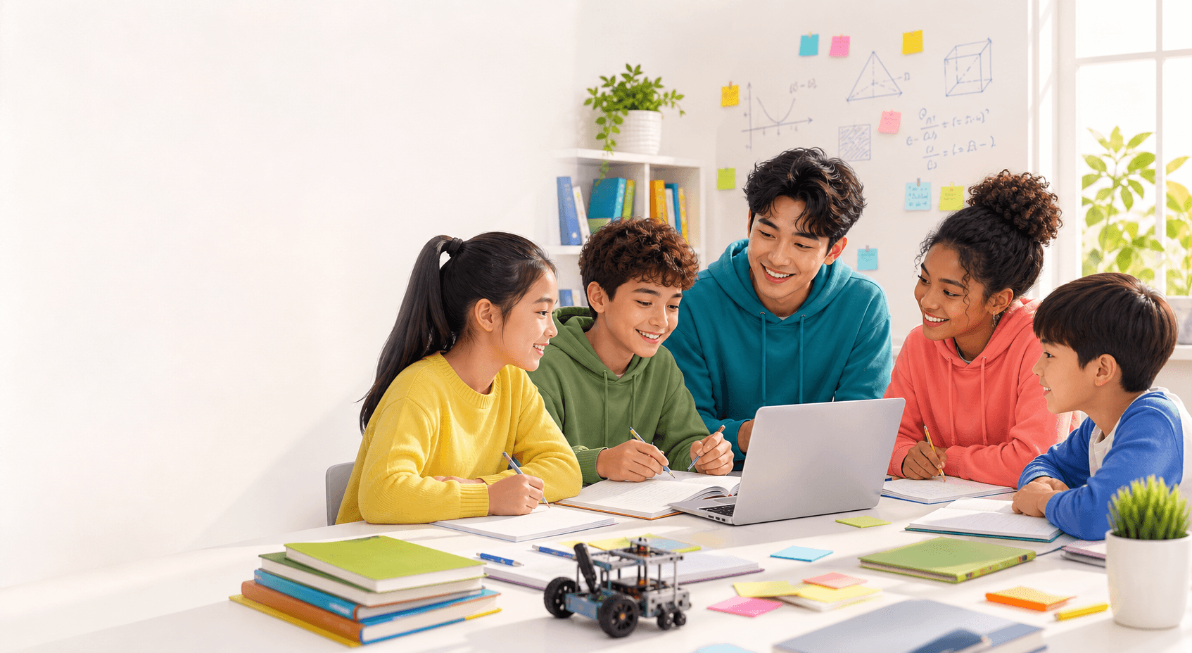 Students learning with a tutor in a bright study room