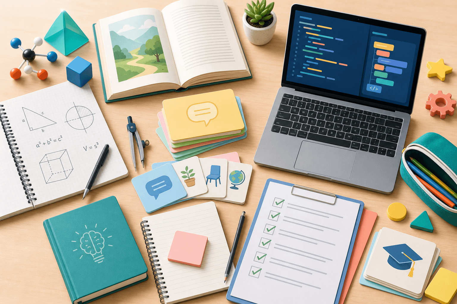 Colorful study materials for math, reading, coding, and admissions planning